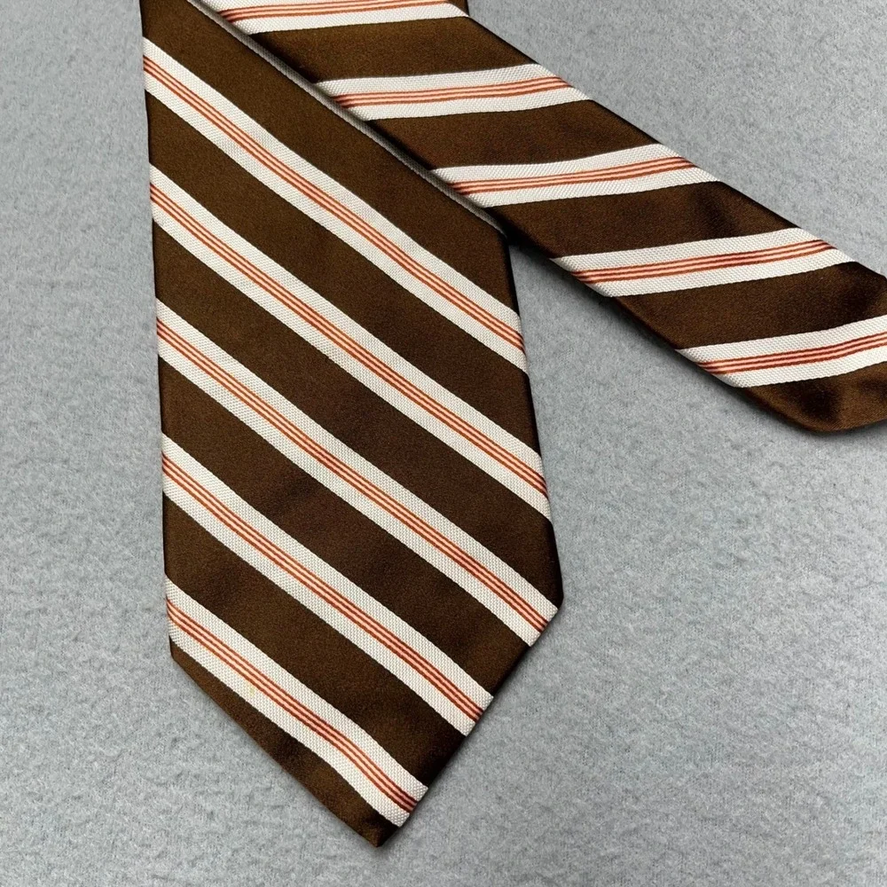Brooks Brothers Golden shiny Silk Tie Brown White Orange Striped Handmade USA